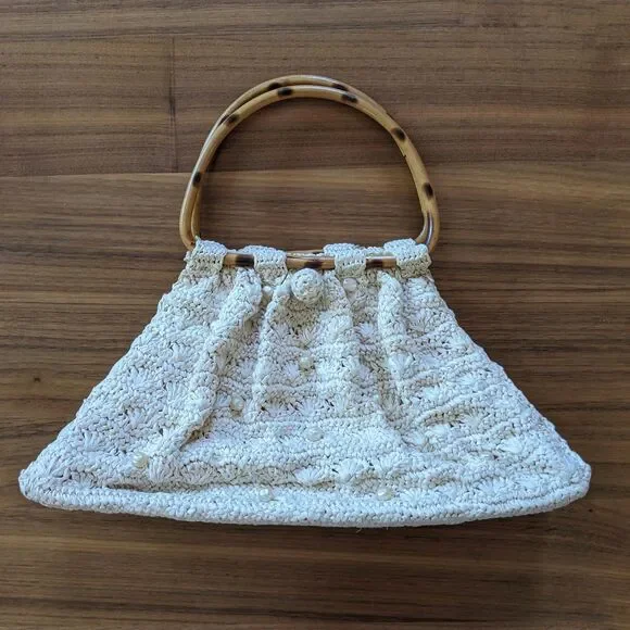 VINTAGE 60s "It's In the Bag" Crocheted Raffia Bamboo Handle Bag Made In Japan - Picture 1 of 11